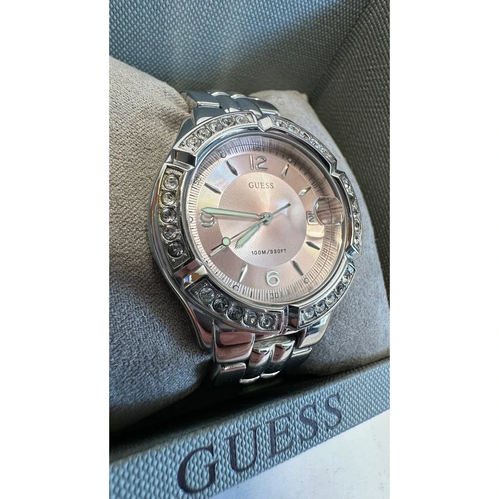 Guess Womens Watch 35mm Pink Dial Crystals Stainless G75791M New Battery